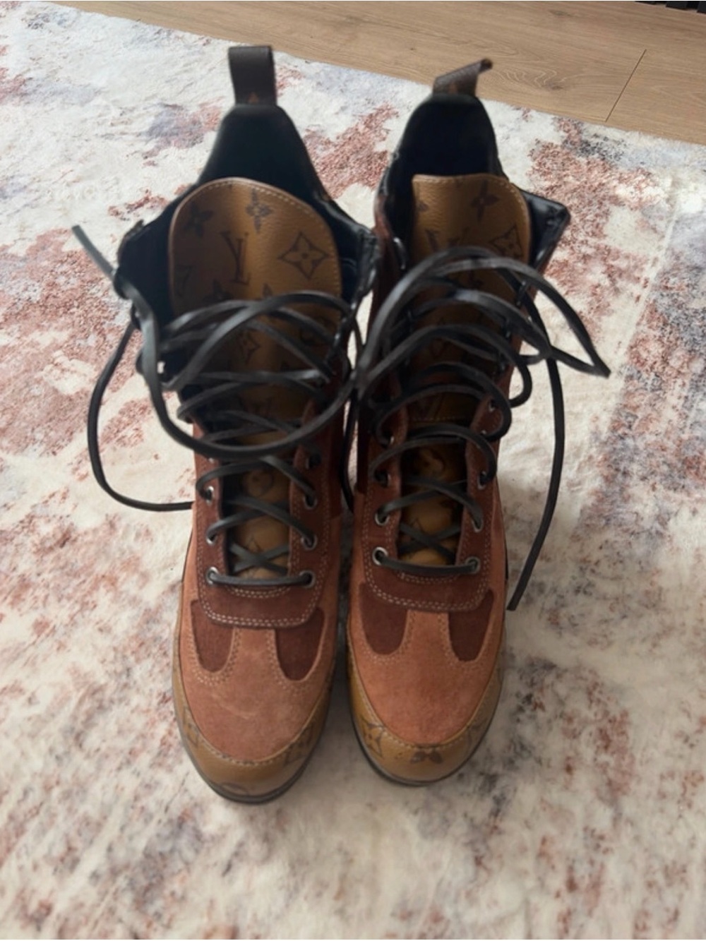 Louis Vuitton Brown and Tan Monogram Suede Lace-Up Boots